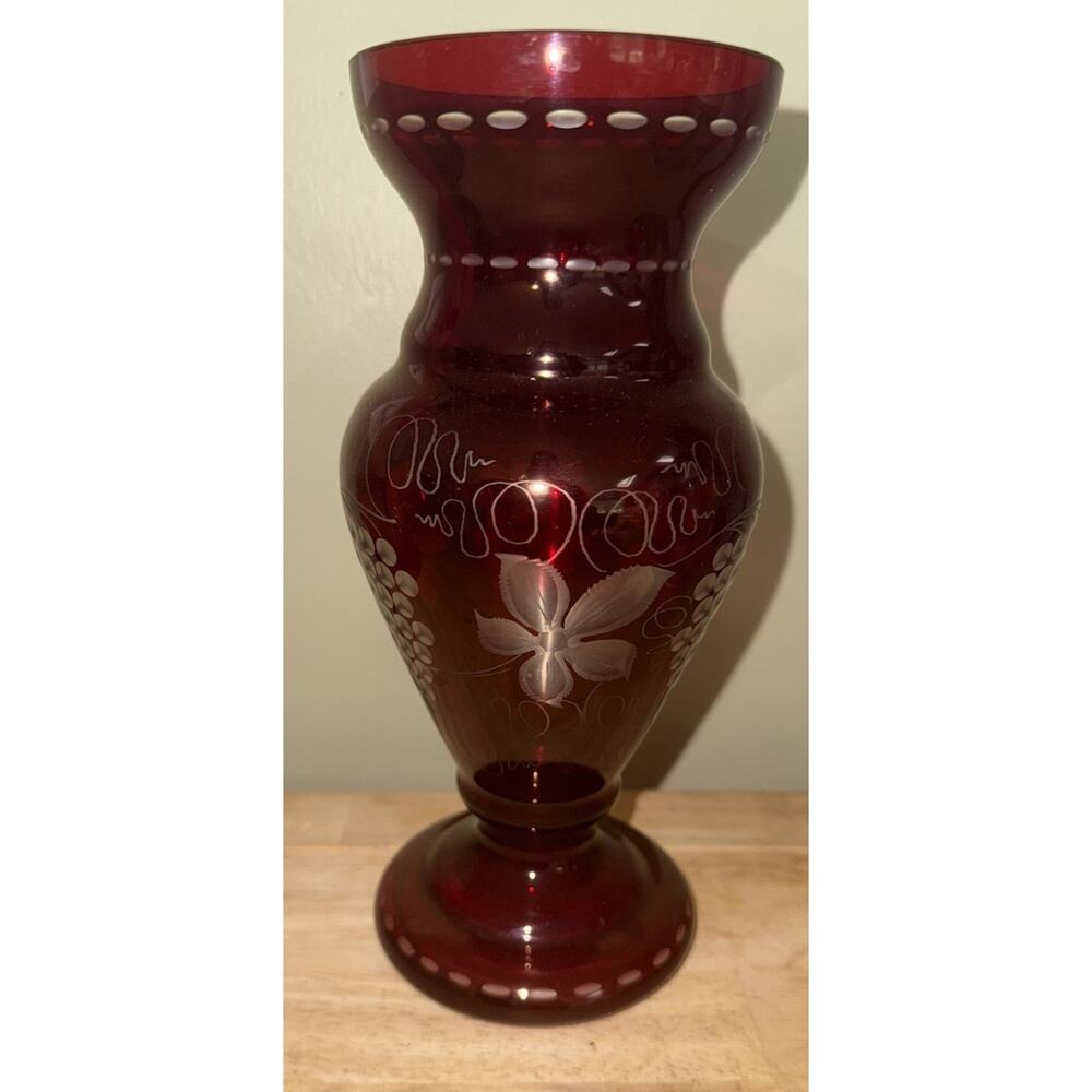 Vintage Egermann Bohemian Ruby Red Vase Cut To Clear Etched Glass 8 3/4" Tall